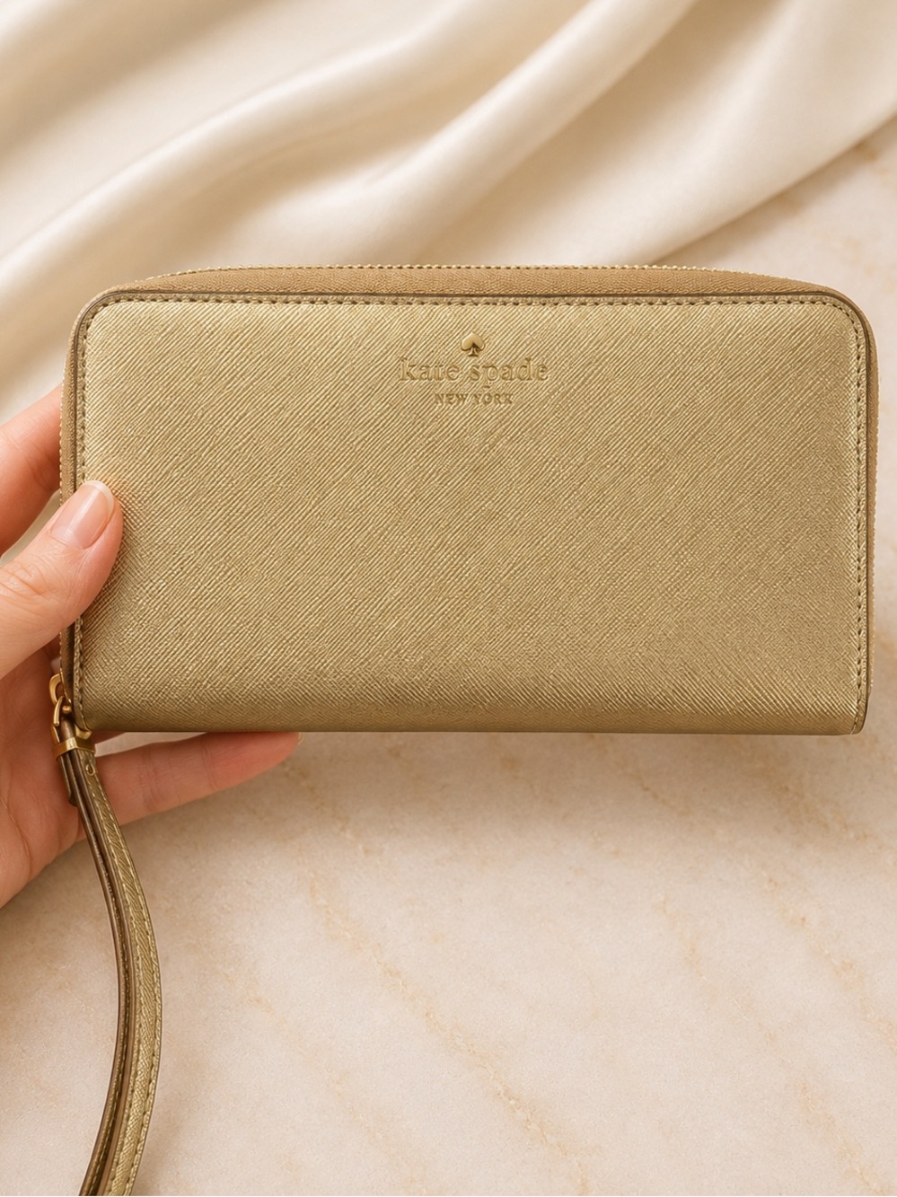 Kate Spade Gold Metallic Saffiano Leather Zip Around Wallet Wristlet